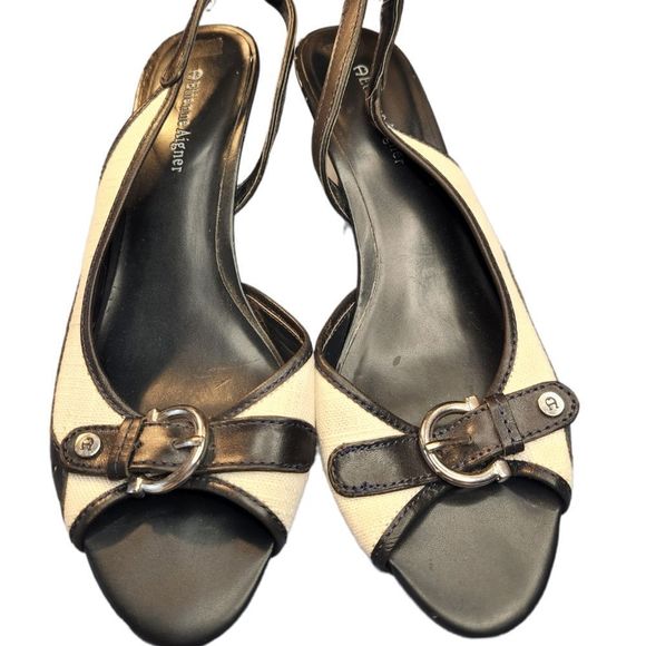 Etienne Aigner Coleus Shoes Open Toe Slingback Heels Shoes Black White WomSize 8 - Picture 2 of 10